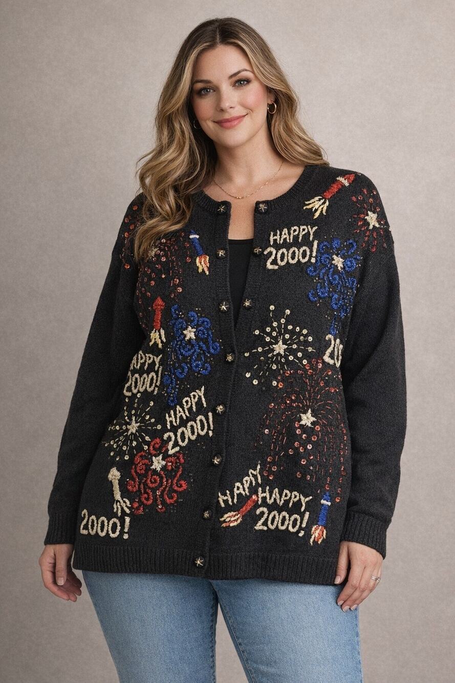 Tiara VTG Y2K Year 2000 Happy New Year Millennium Sweater Tiara Women Large